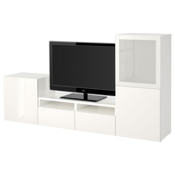 Шкаф для ТВ, комбинированный, стекляные дверцы БЕСТО, белый, Сельсвикен глянцевый/белый матовое стекло (240x40x128 см) - фото 1