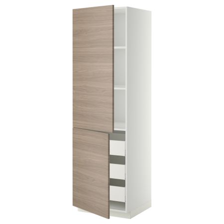 Высокий шкаф + полки, 3 ящика, 2 дверцы МЕТОД / МАКСИМЕРА, белый, Брокхульт светло-серый