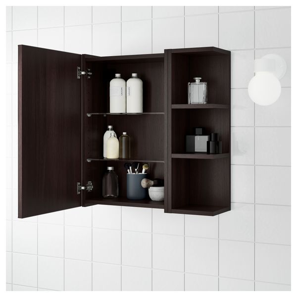 Шкафчик зеркальный с 1 дверцей, 1 торцевой секция ЛИЛЛОНГЕН, черно-коричневый (60x21x64 см) - схема-чертеж с размерами