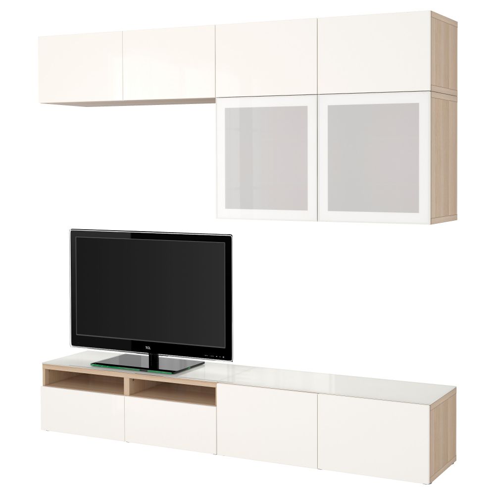 Шкаф для ТВ, комбинированный, стекляные дверцы БЕСТО, под беленый дуб, Сельсвикен глянцевый/белый матовое стекло (240x40x230 см) - фото 1