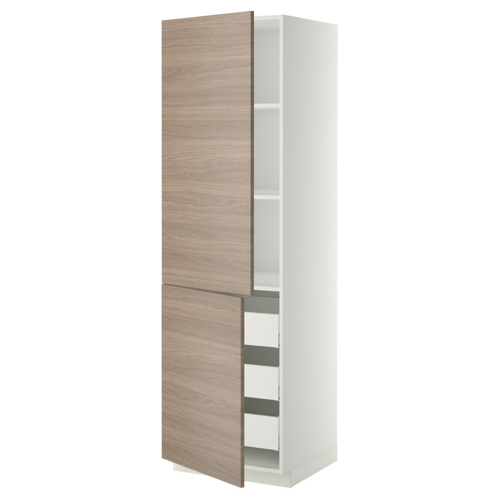 Высокий шкаф + полки, 3 ящика, 2 дверцы МЕТОД / МАКСИМЕРА, белый, Брокхульт светло-серый - фото 1