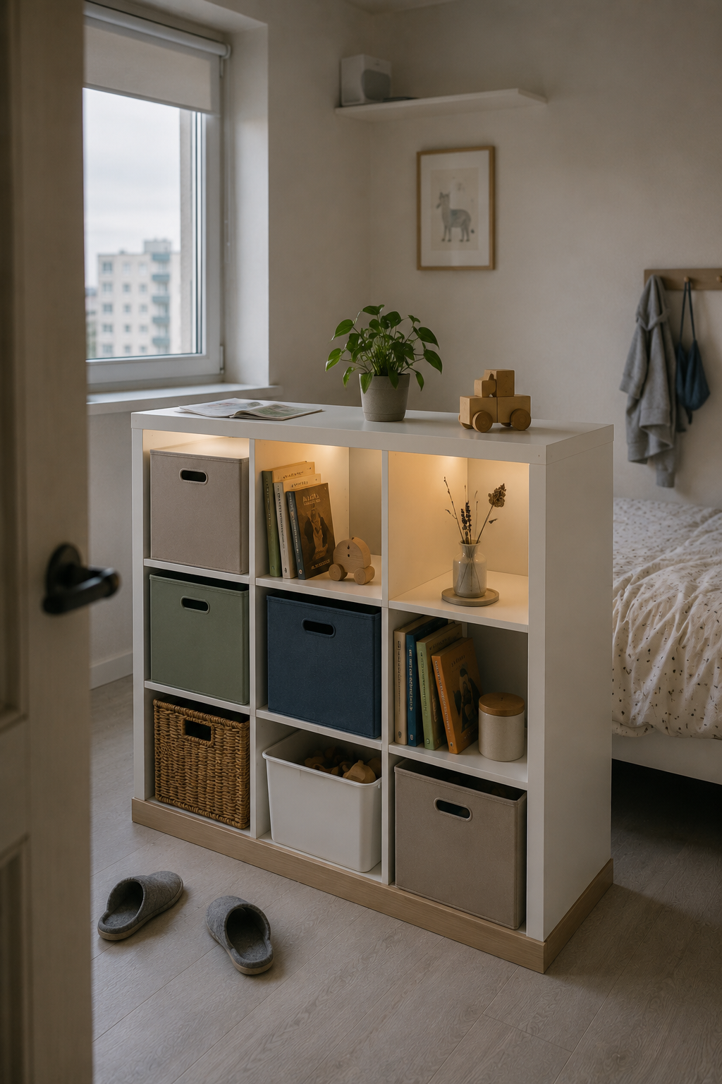 Белый стеллаж КАЛЛАКС 77×94 см с коробками и книгами в маленькой детской 9 кв.м
