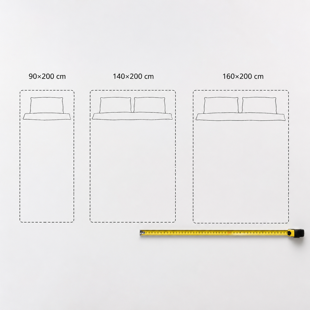 Сравнение размеров кроватей IKEA: 90×200, 140×200 и 160×200 — вид сверху с разметкой