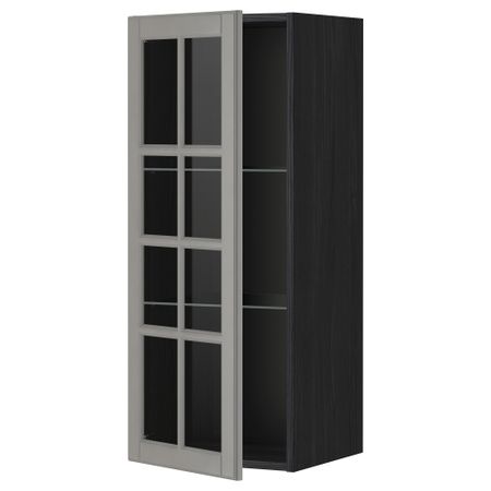 Навесной шкаф с полками, стекляными дверцы МЕТОД, черный, Будбин серый