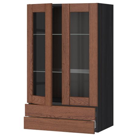 Навесной шкаф, 2 стеклянные дверцы, 2 ящика МЕТОД / МАКСИМЕРА, черный, Филипстад коричневый