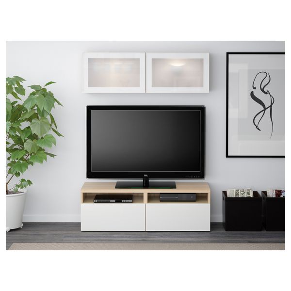 Шкаф для ТВ, комбинированный, стекляные дверцы БЕСТО, под беленый дуб, Сельсвикен глянцевый/белый матовое стекло (120x20/40x166 - фото 2