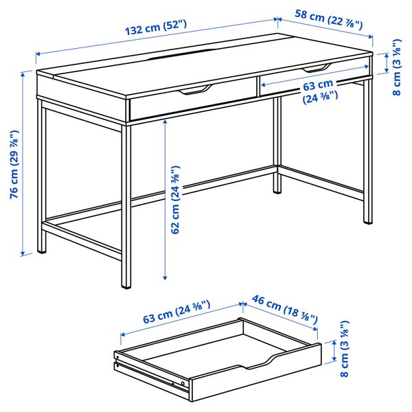 Письменный стол, черно-синий, 132x58 см IKEA ALEX АЛЕКС 705.904.72 - схема-чертеж с размерами