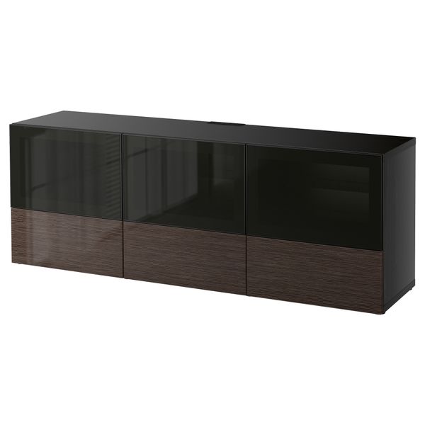 Тумба под ТВ, с дверцами и ящиками БЕСТО, черно-коричневый, Сельсвикен глянцевый/коричневый дымчат стекло (180x40x64 см) - фото 1