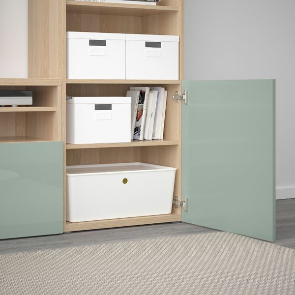 Шкаф для ТВ, комбинированный, стекляные дверцы, под беленый дуб Сельсвикен, глянцевый/серо-зеленый светлый прозрачное стекло, - фото 3