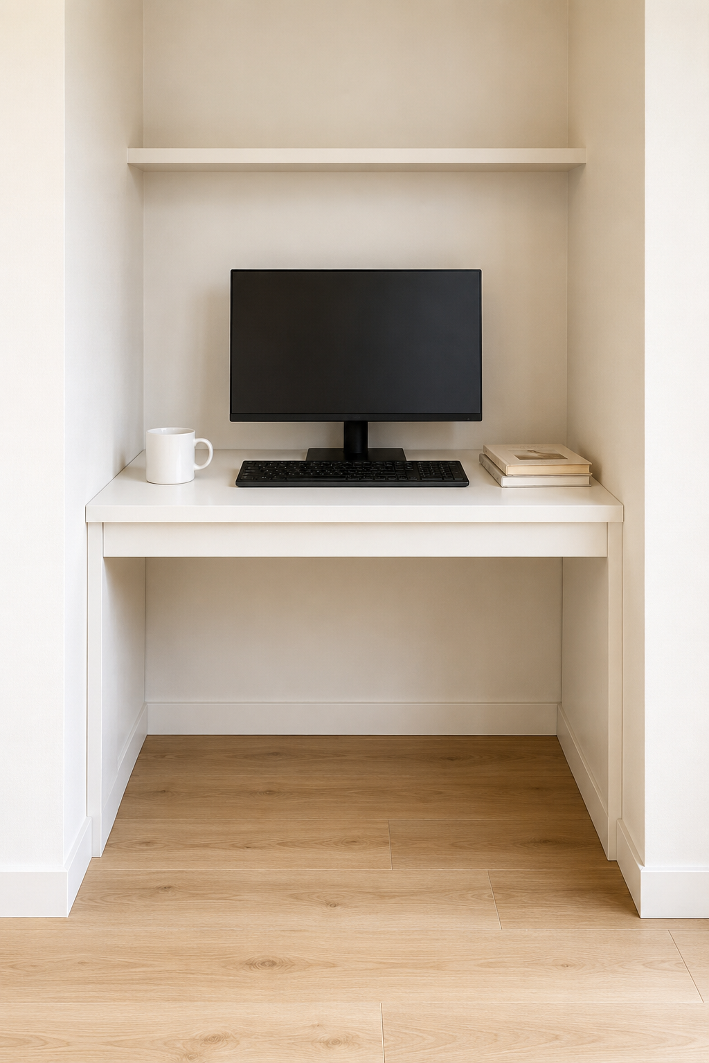 Белый стол MICKE 105x50 в нише 2 м²: монитор и клавиатура на столешнице, перед столом свободный проход