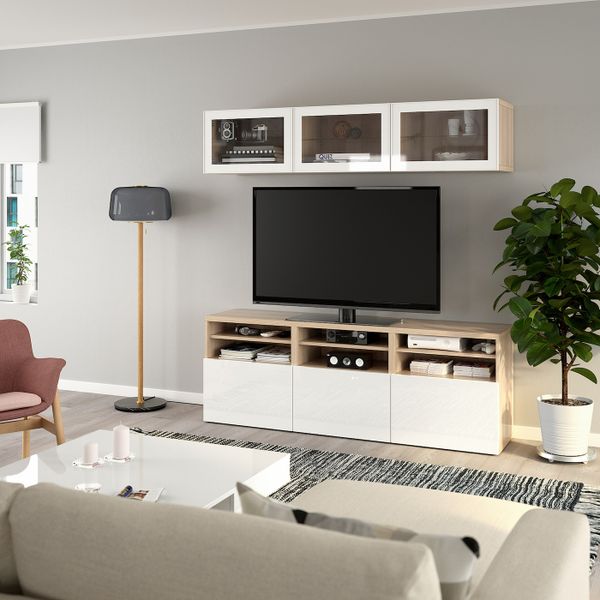 Шкаф для ТВ, комбинированный, стекляные дверцы, под беленый дуб/Сельсвикен глянцевый, белый прозрачное стекло 180x42x192 см IKEA - фото 3