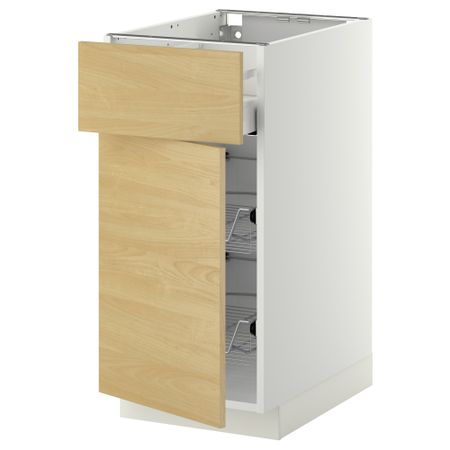 Напольный шкаф с проволочной корзиной, ящиком, дверью МЕТОД / МАКСИМЕРА, белый, Тингсрид береза