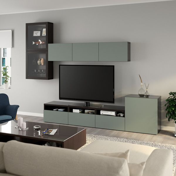 Шкаф для ТВ, комбинированный, стекляные дверцы, черно-коричневый, Нотвикен серо-зеленый прозрачное стекло, 300x42x211 см IKEA - фото 2