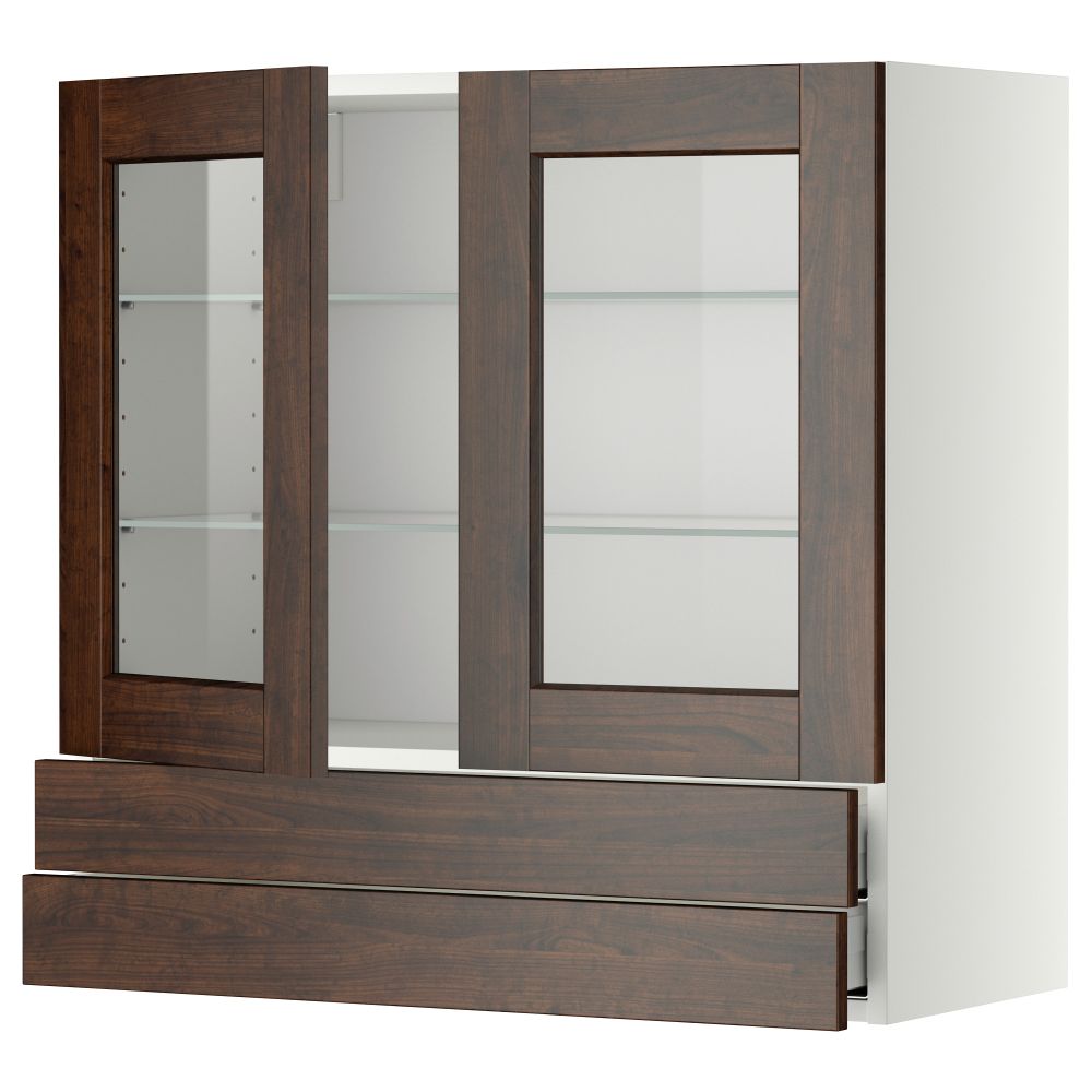 Навесной шкаф, 2 стеклянные дверцы, 2 ящика МЕТОД / МАКСИМЕРА, белый, Эдсерум коричневый - фото 1