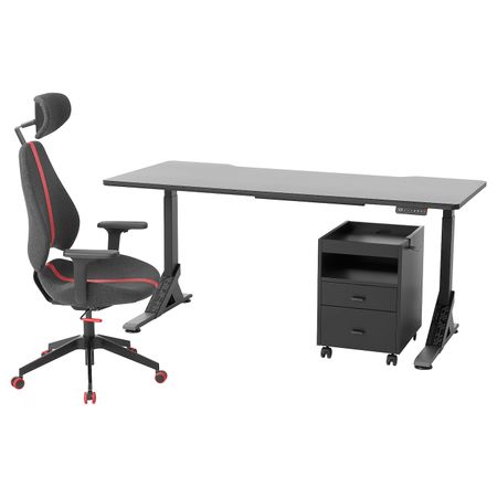 Письменный стол, стул и тумба, черный-серый 180x80 см IKEA UPPSPEL УППСПЕЛЬ / GRUPPSPEL ГРУППСПЕЛЬ 694.410.77