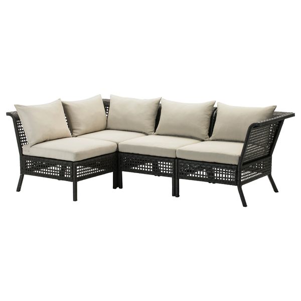 Садовый угловой диван 3 + 1 КУНГСХОЛЬМЕН, черно-коричневый, Холло бежевый бежевый (142/222x80x73 см) - фото 1