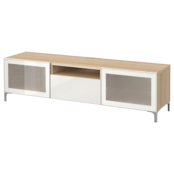 Тумба под ТВ БЕСТО, под беленый дуб, Сельсвикен глянцевый/белый матовое стекло (180x40x48 см) - фото 1