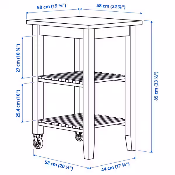 BEKVÄM Столик с колесами - бук 58x50 см - схема-чертеж с размерами