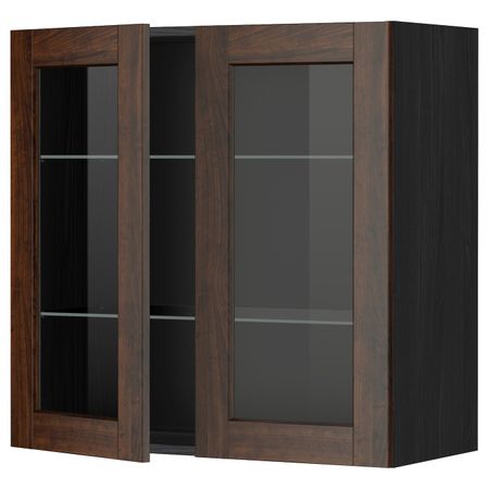 Навесной шкаф с полками, 2 стекло дв, черный/Эдсерум коричневый 80x80 см IKEA МЕТОД 792.268.31