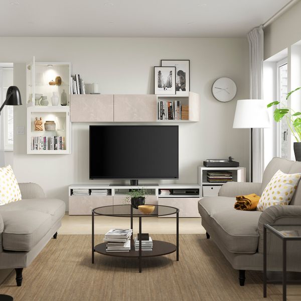 Комбинация для ТВ/стеклянные дверцы, белый Глассвик/бергсвикен бежевый 300x42x211 см IKEA BESTÅ БЕСТО 094.331.36 - фото 2