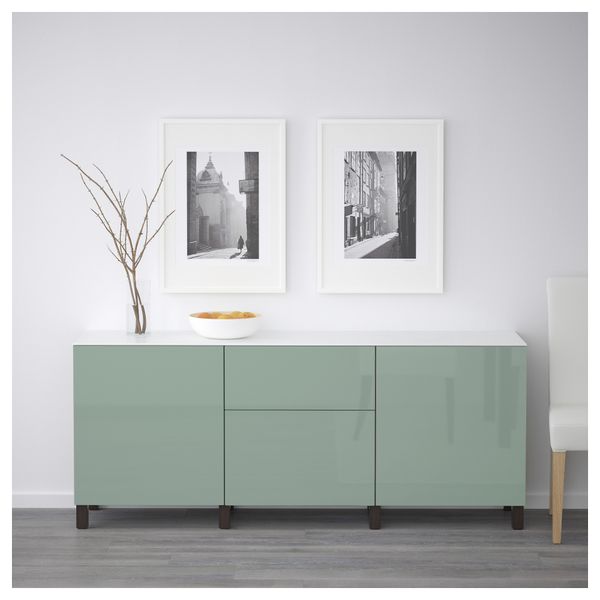 Комбинация для хранения с дверцами, ящиками БЕСТО, черно-коричневый, Сельсвикен глянцевый/серо-зеленый светлый (180x42x74 см) - схема-чертеж с размерами