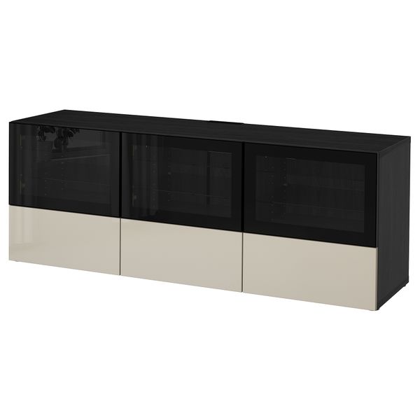 Тумба под ТВ, с дверцами и ящиками, 180x40x64 см, черно-коричневый, Selsviken глянцевый, бежевый прозрачное стекло IKEA BESTÅ - фото 1