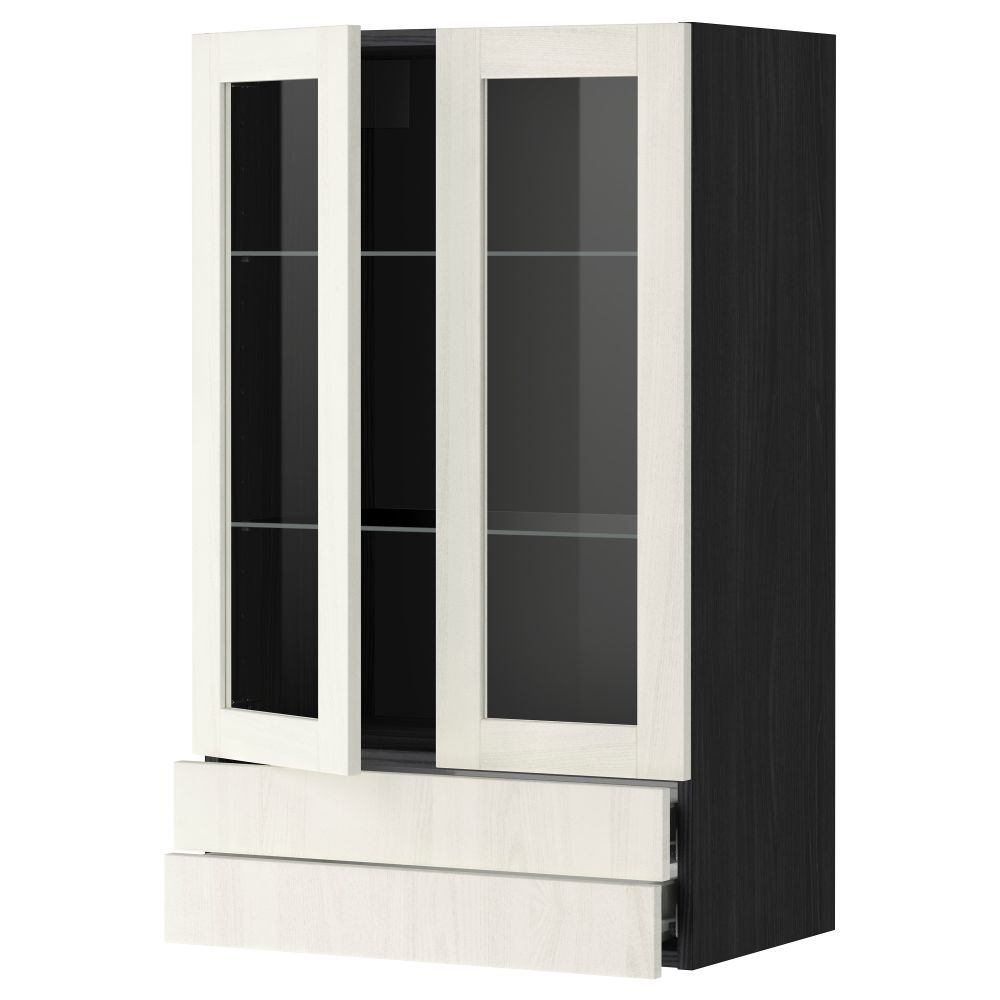 Навесной шкаф, 2 стеклянные дверцы, 2 ящика МЕТОД / ФОРВАРА, черный, Росдаль белый - схема-чертеж с размерами