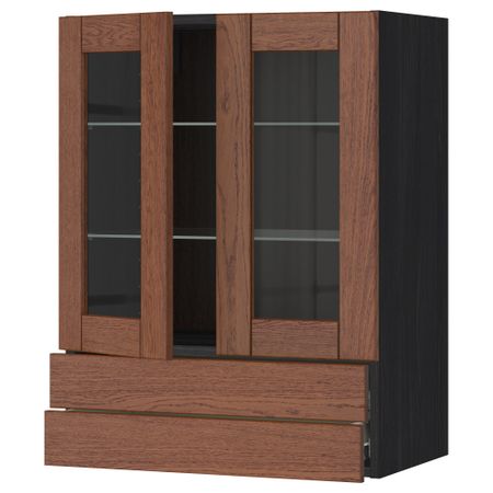 Навесной шкаф, 2 стеклянные дверцы, 2 ящика МЕТОД / ФОРВАРА, черный, Филипстад коричневый