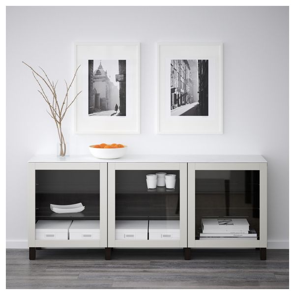 Комбинация для хранения с дверцами БЕСТО, черно-коричневый, Синдвик светло-серый прозрачное стекло (180x42x74 см) - схема-чертеж с размерами