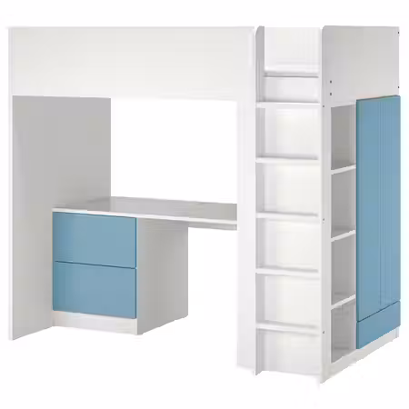 SMÅSTAD Кровать-чердак - белый синий/с письменным столом с 3 ящиками 90x200 см