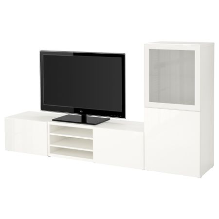 Шкаф для ТВ, комбинированный, стекляные дверцы БЕСТО, белый, Сельсвикен глянцевый/белый матовое стекло (240x40x128 см)