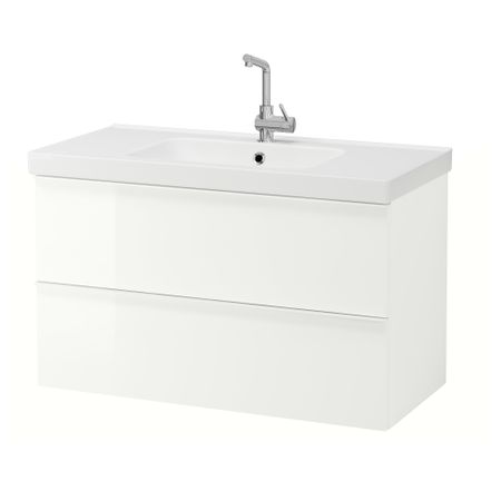 Шкаф для раковины с 2 ящиками ГОДМОРГОН / ОДЕНСВИК, глянцевый белый (100x49x64 см)