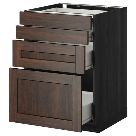 Напольный шкаф 4 фронтальных панели, 4 ящика МЕТОД / ФОРВАРА, черный, Эдсерум коричневый