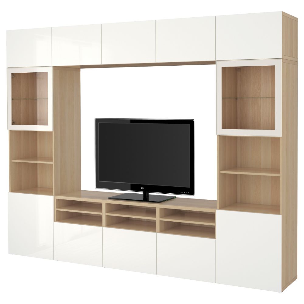 Шкаф для ТВ, комбинированный, стекляные дверцы БЕСТО, под беленый дуб, Сельсвикен глянцевый/белый прозрачное стекло (300x40x230 - фото 1