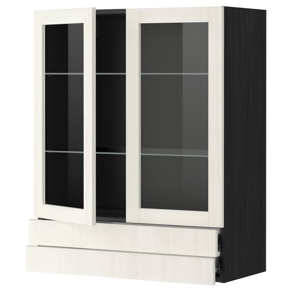 Навесной шкаф, 2 стеклянные дверцы, 2 ящика МЕТОД / ФОРВАРА, черный, Росдаль белый - схема-чертеж с размерами