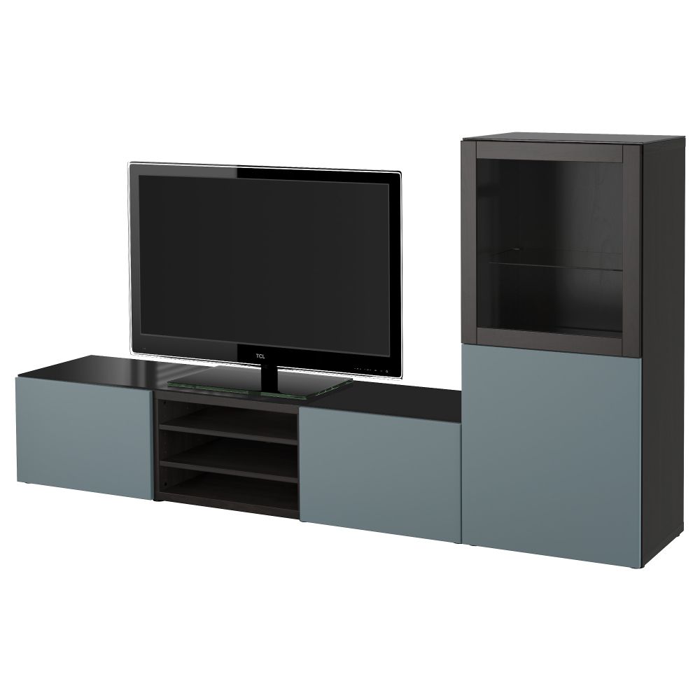 Шкаф для ТВ, комбинированный, стекляные дверцы БЕСТО, черно-коричневый, Вальвикен серо-бирюзовый, прозрачное стекло (240x40x128 - фото 1