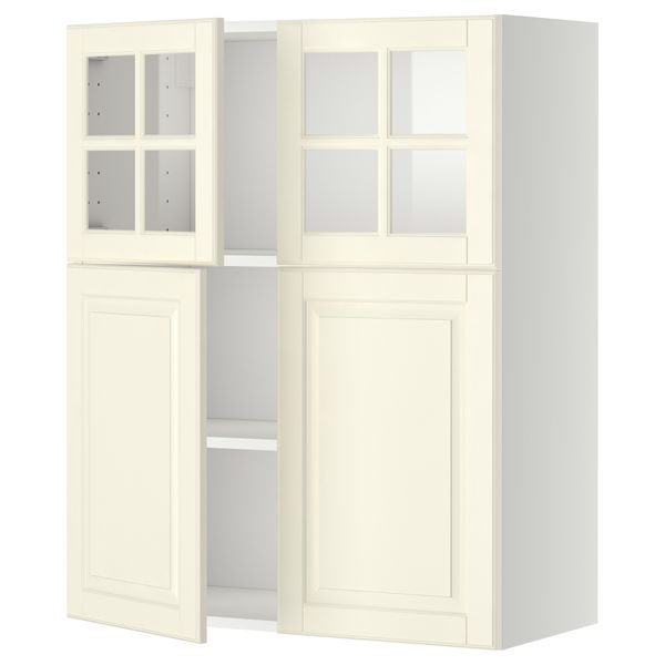 Навесной шкаф, полки, 2 двери, 2 стеклянные дверцы МЕТОД, белый, Будбин белый с оттенком (80x100 см) - схема-чертеж с размерами