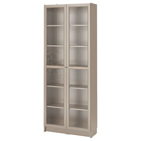 Шкаф книжный со стеклянными дверьми, серый/эффект «металлик» 80x30x202 см IKEA BILLY БИЛЛИ 504.156.05