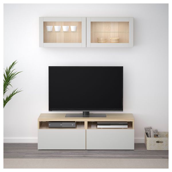 Шкаф для ТВ, комбинированный, стекляные дверцы БЕСТО, под беленый дуб Лаппвикен, светло-серый прозрачное стекло (120x20/40x166 - фото 2