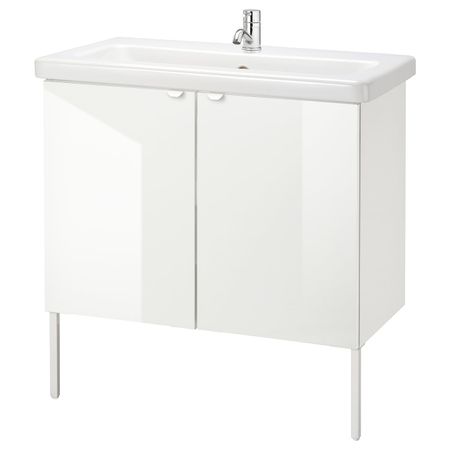 Шкаф под раковину с 2 дверец, глянцевый белый/ПИЛКОН смеситель 84x43x88 см IKEA FISKÅN ФИСКОН / TVÄLLEN ТВЭЛЛЕН 994.304.40