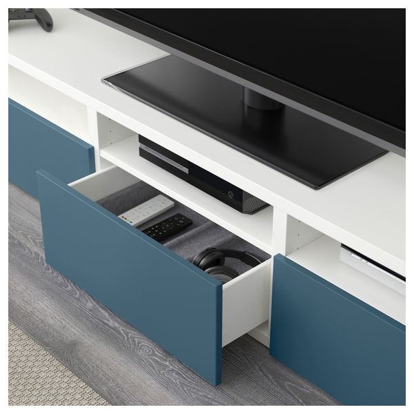 Шкаф для ТВ, комбинированный, стекляные дверцы БЕСТО, белый Вальвикен, темно-синий прозрачное стекло (300x40x192 см) - фото 3