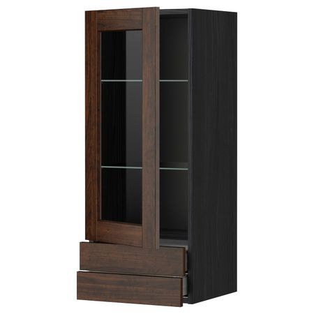 Навесной шкаф, стеклянная дверца, 2 ящика, черный/Эдсерум коричневый 40x100 см IKEA МЕТОД / МАКСИМЕРА 692.355.72
