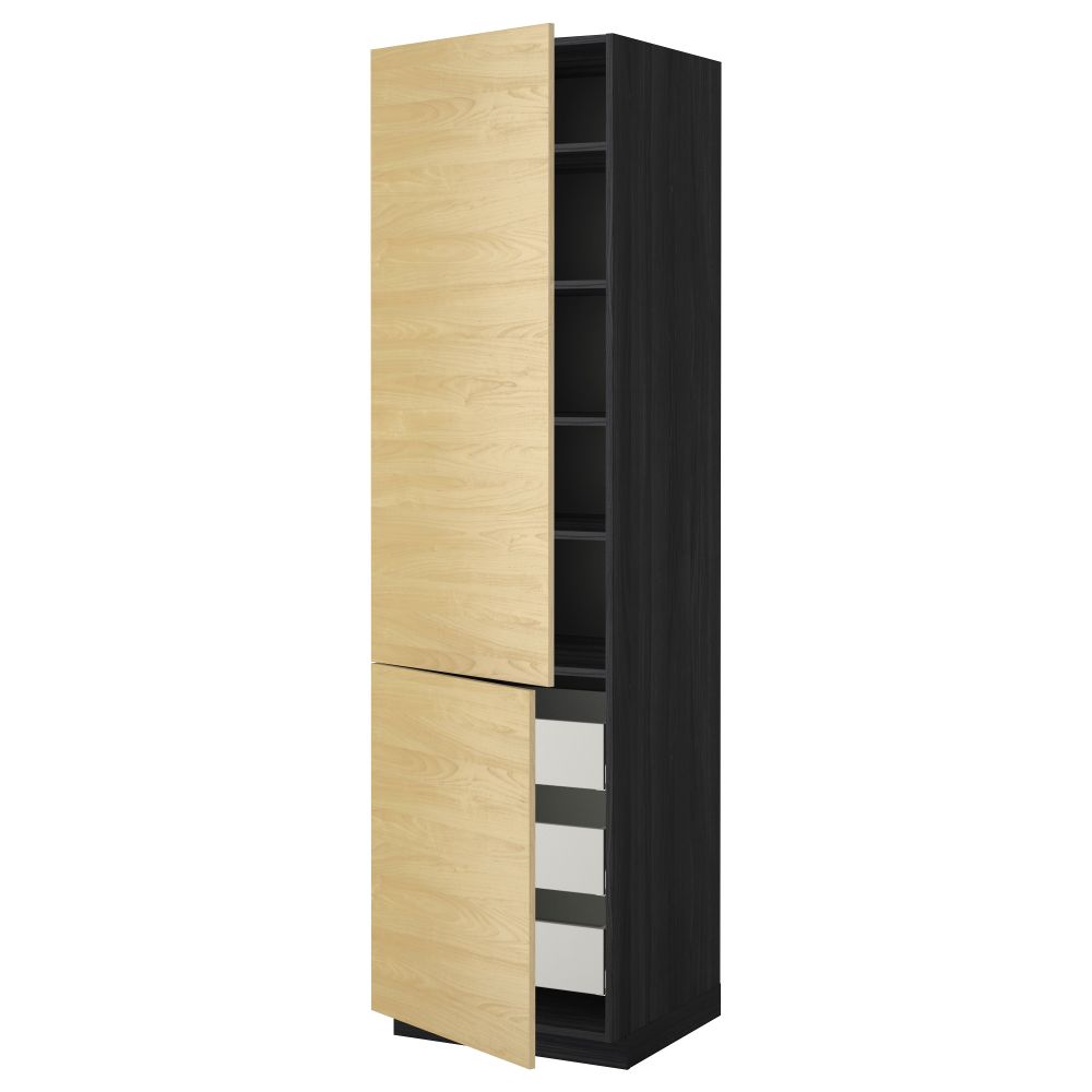 Высокий шкаф + полки, 3 ящика, 2 дверцы МЕТОД / МАКСИМЕРА, черный, Тингсрид береза - фото 1