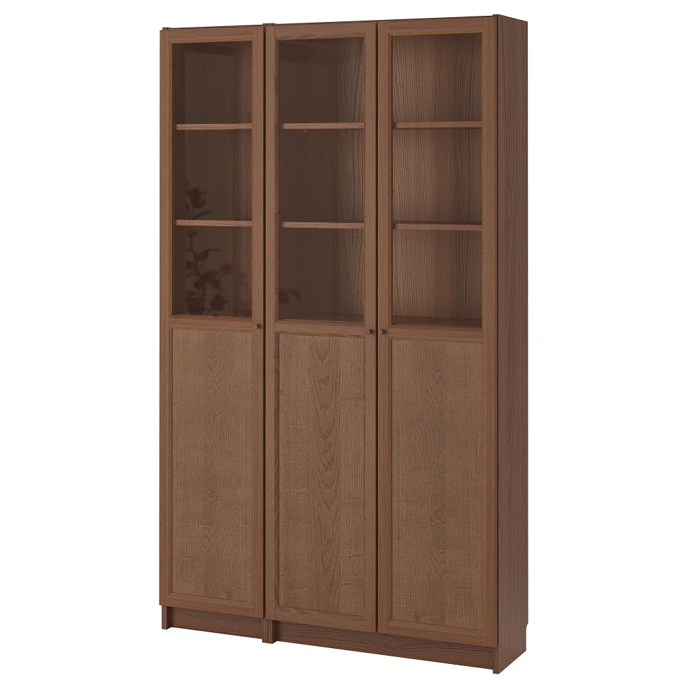 Стеллаж, панельные, стеклянные двери, 120x30x202 см, коричневый ясеневый шпон, стекло IKEA BILLY БИЛЛИ, OXBERG ОКСБЕРГ - фото 1