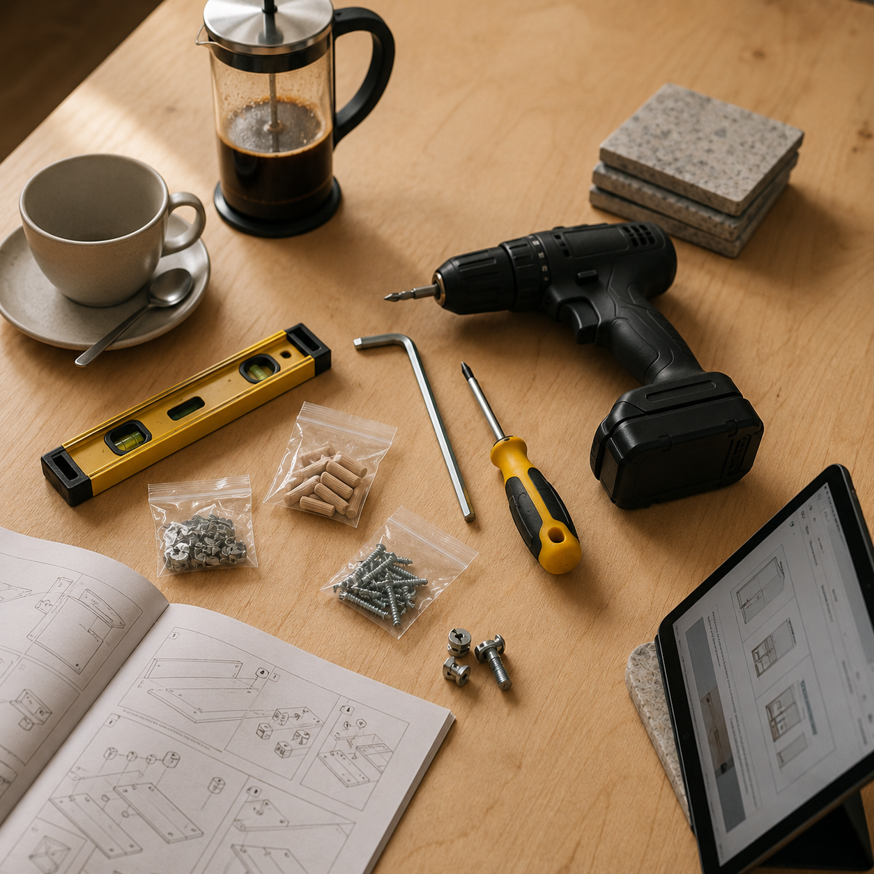 Инструменты для сборки мебели IKEA: шестигранный ключ, шуруповёрт, уровень и отвёртки