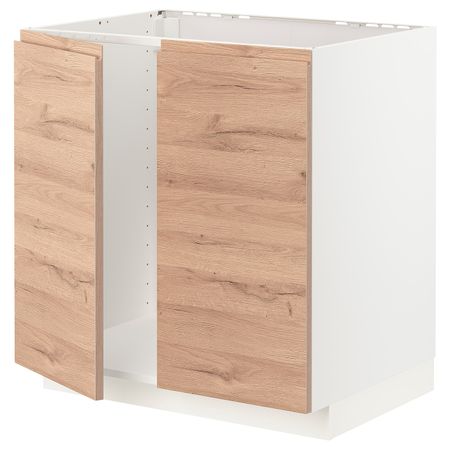 Напольный шкаф для мойки+2 двери, белый/Воксторп под дуб 80x60 см IKEA METOD МЕТОД 494.141.69