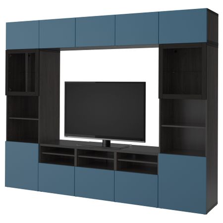 Шкаф для ТВ, комбинированный, стекляные дверцы БЕСТО, черно-коричневый Вальвикен, темно-синий прозрачное стекло (300x40x230 см)