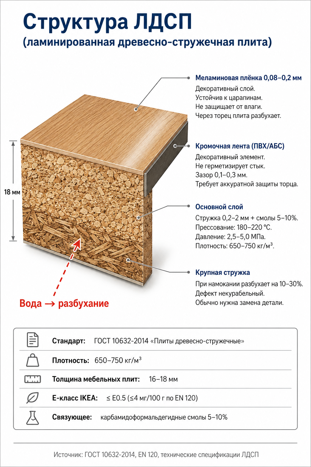 Инфографика «Структура ЛДСП»: анатомический разрез ламинированной древесно-стружечной плиты 18 мм с 4 слоями