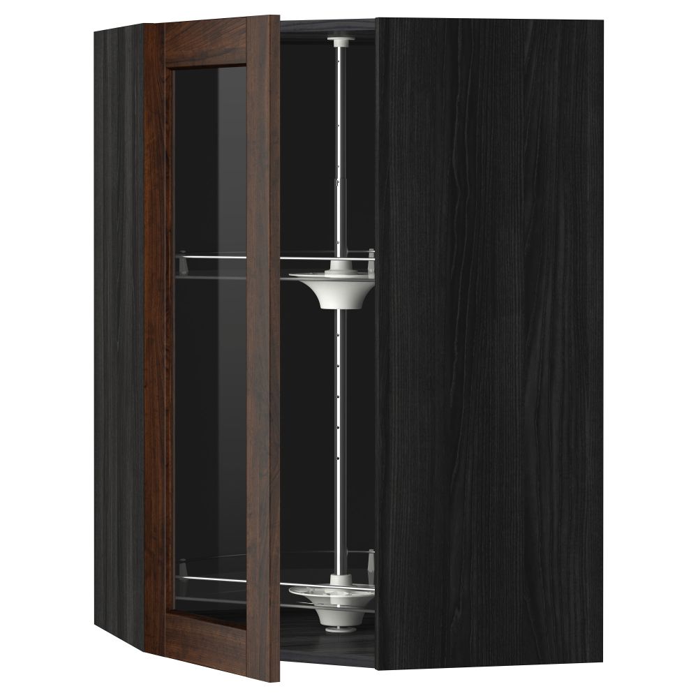 Угловой навесной шкаф с вращающающейся секцией, стеклянными дверцами МЕТОД, черный, Эдсерум коричневый - схема-чертеж с размерами