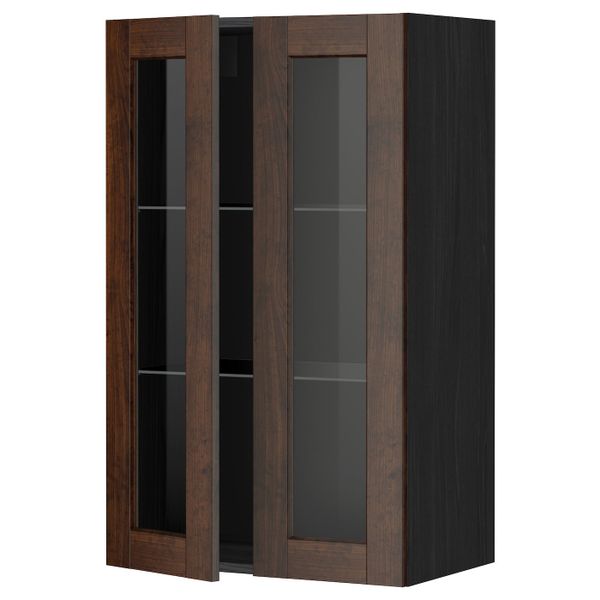 Навесной шкаф с полками, 2 стекло дв, черный/Эдсерум коричневый 60x100 см IKEA МЕТОД 992.266.46 - схема-чертеж с размерами